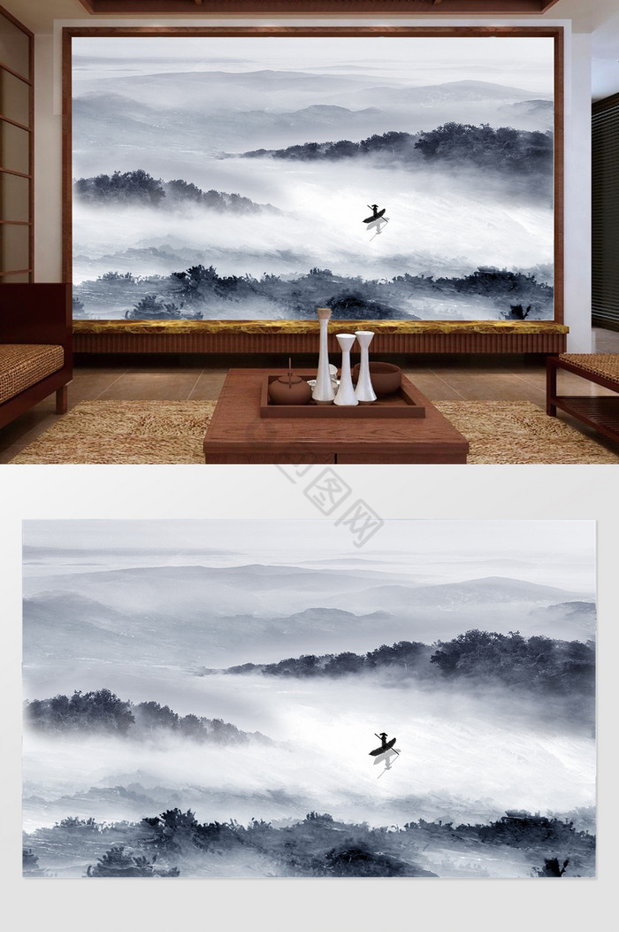 新中式山水意境小舟写意背景墙图片