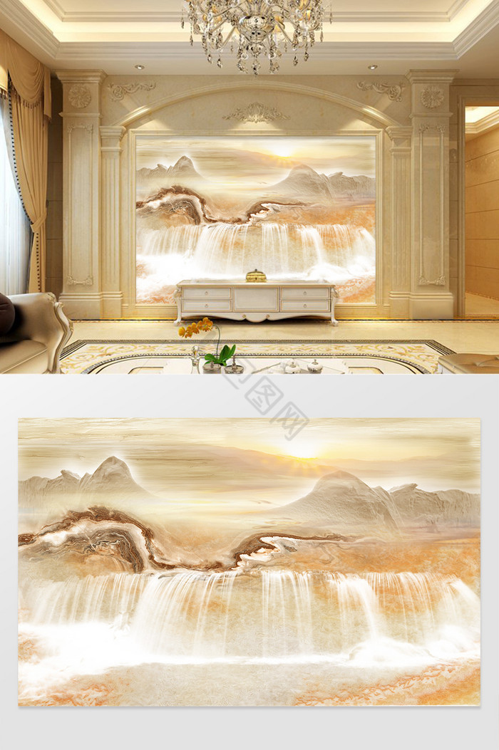 石纹山水飞瀑背景墙图片