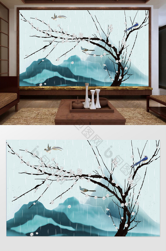 仿手绘梅花新中式工笔画梅花花鸟电视背景墙图片图片