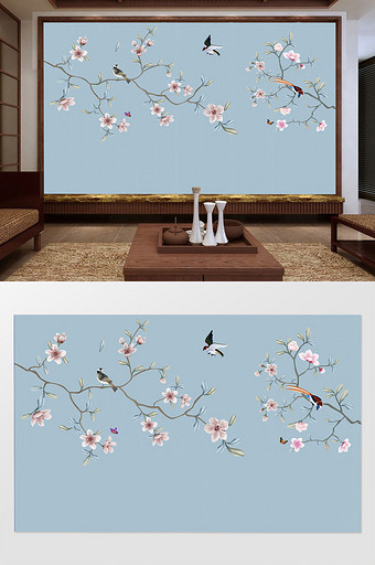 工笔手绘花鸟中式电视背景墙壁画图片