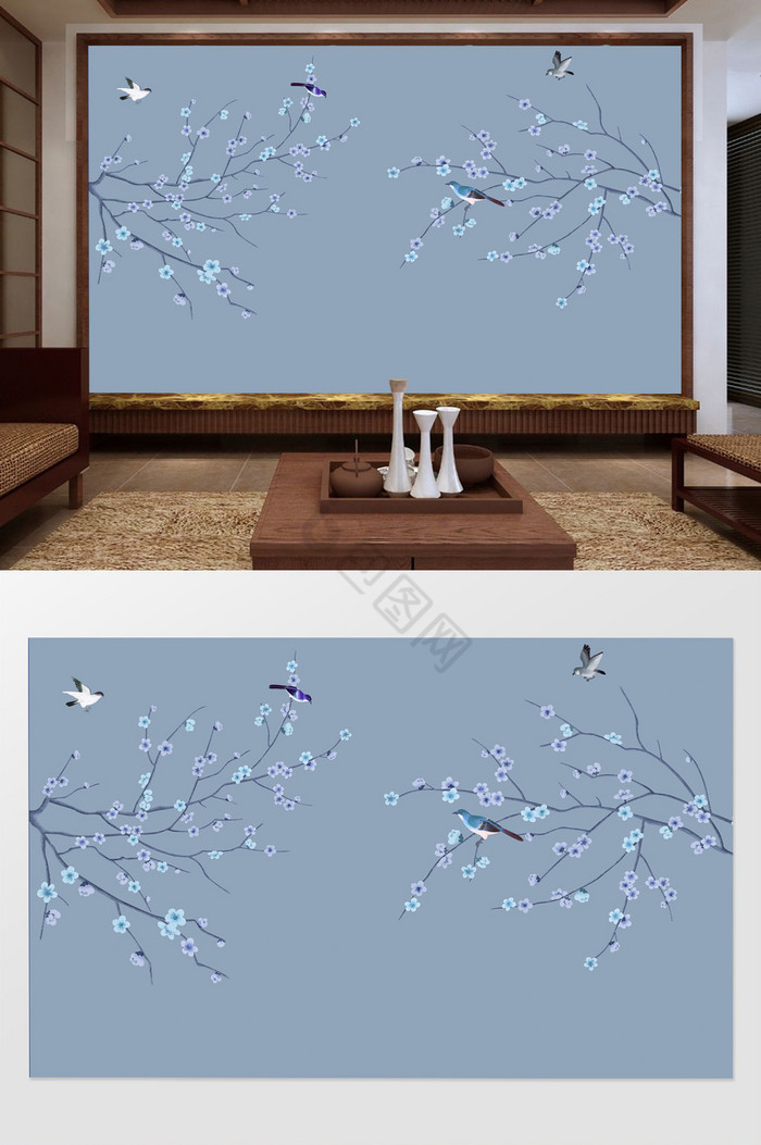 新中式素雅手绘花鸟背景墙壁画图片