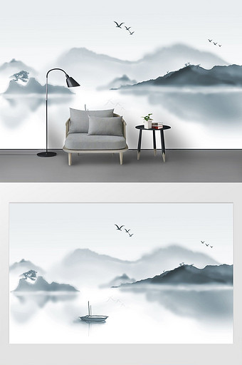 新中式水墨禅意山水画背景墙图片