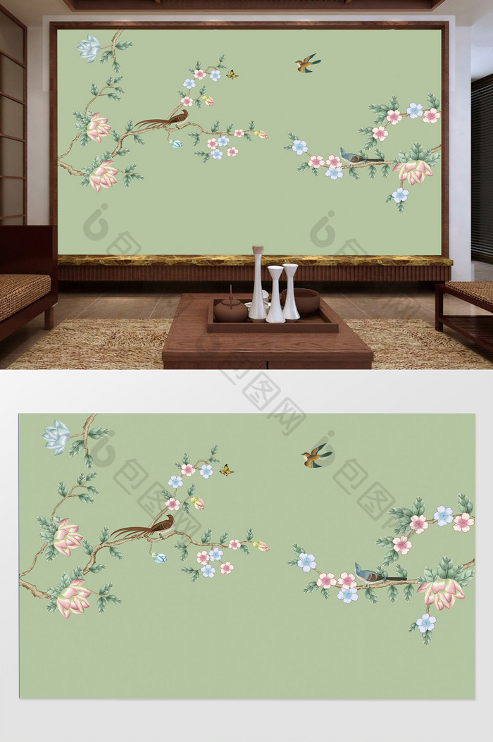 中式花鸟图手绘背景壁画