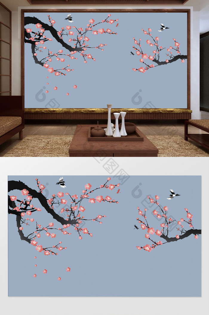 新中式高清手绘梅花鸟背景墙