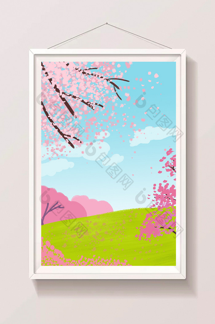 粉红色樱花树下手绘插画背景