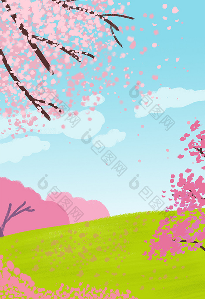 粉红色樱花树下手绘插画背景