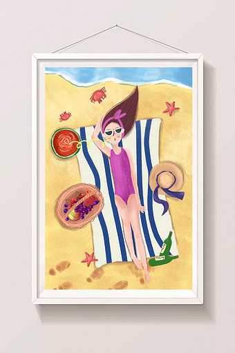 夏天沙滩上晒太阳的女孩手绘插画图片