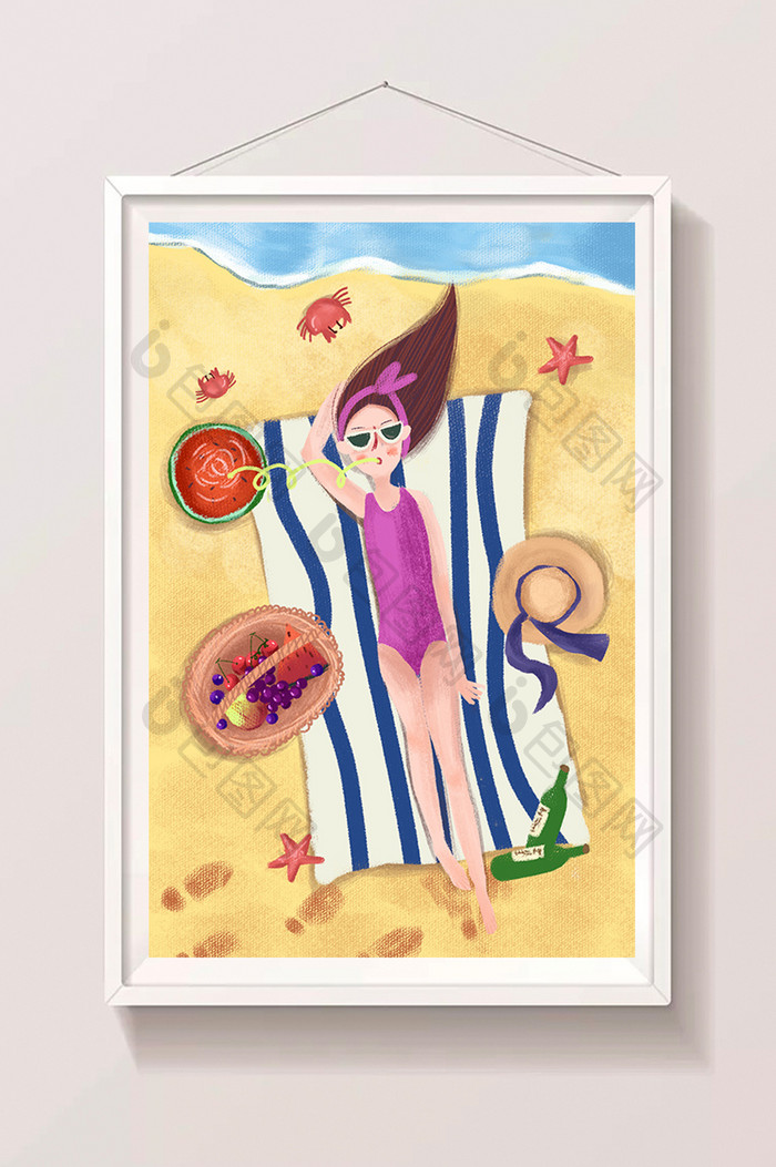 夏天沙滩上晒太阳的女孩手绘插画