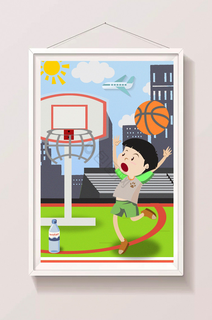 男孩室外篮球场投篮暑假生活插画图片