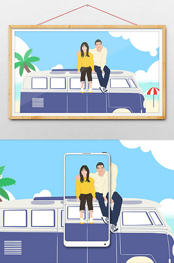扁平风夏季旅行海边情侣插画图片