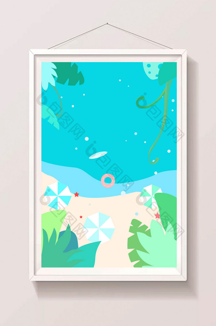 手绘水彩沙滩风景蓝色海边插画设计分层背景