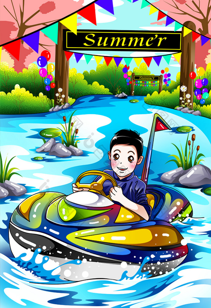 暑假夏天玩水漂流插画图片