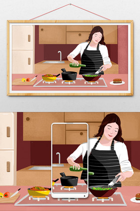 做饭的女人温馨插画