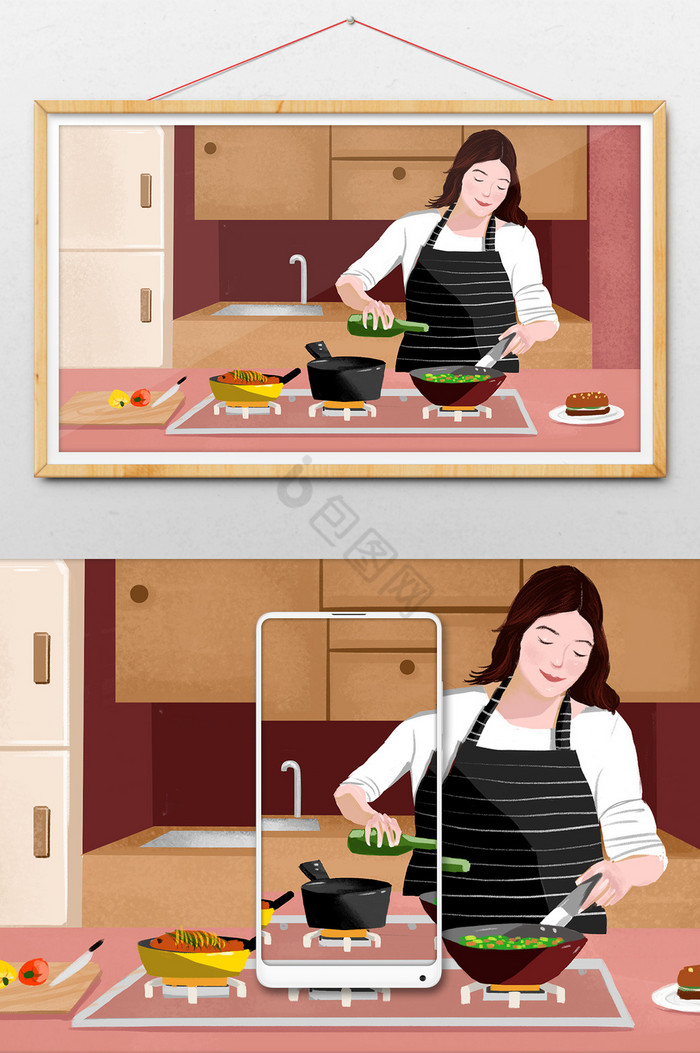 做饭的女人温馨插画图片