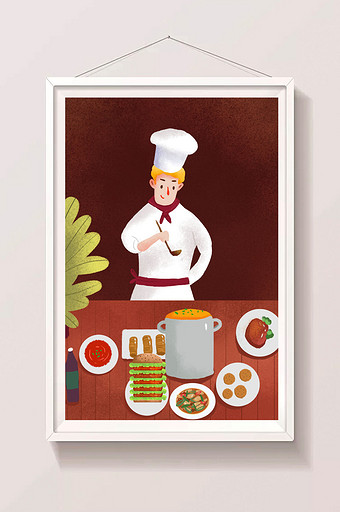小清新手绘美食厨师插画图片