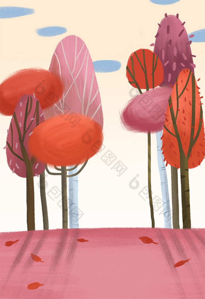红色系秋天树林风景手绘插画背景