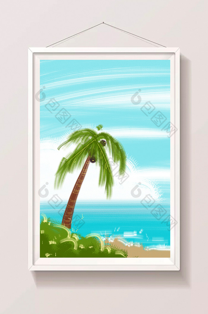 冷色调夏日海边卡通插画手绘椰子树背景素材