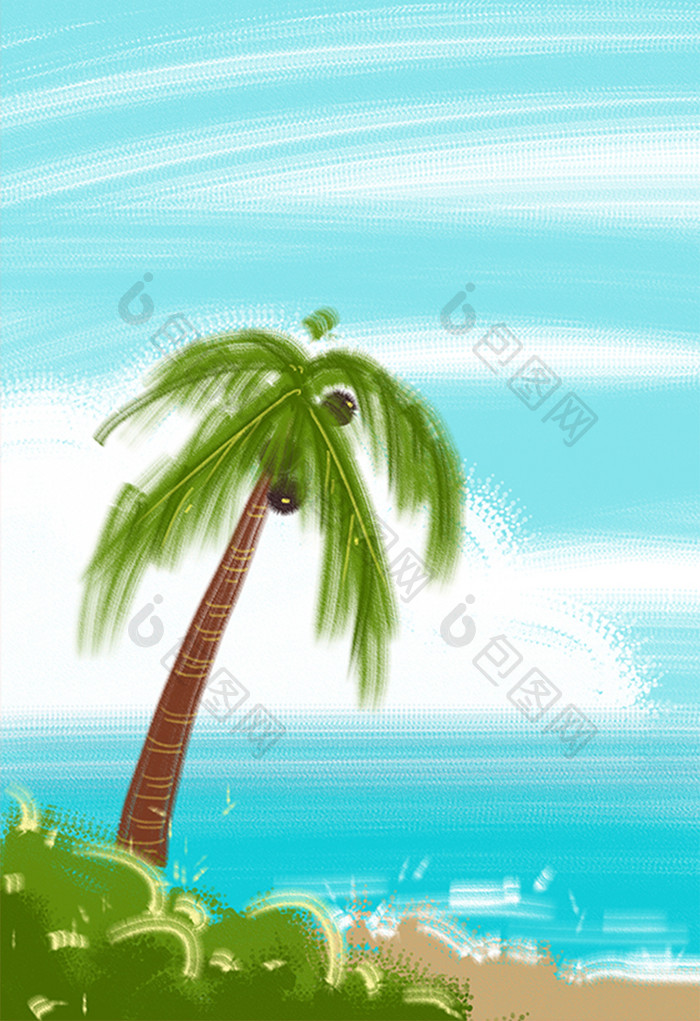 冷色调夏日海边卡通插画手绘椰子树背景素材