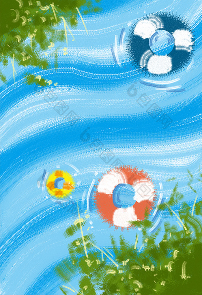 蓝色清凉夏日泳池泳圈卡通插画手绘背景素材