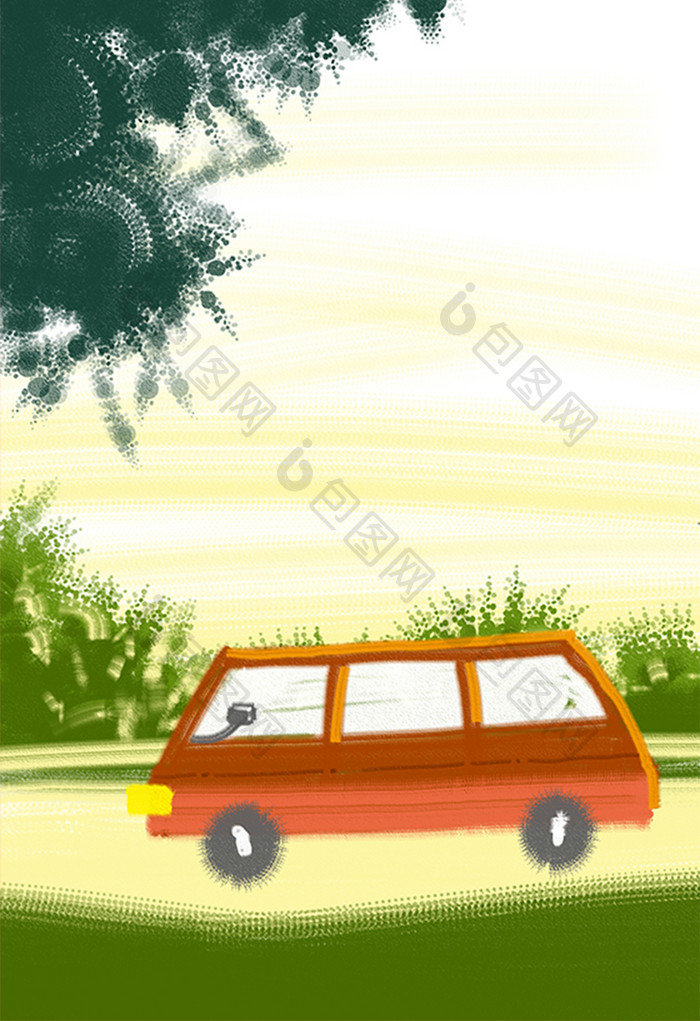 绿色夏日红色汽车风景卡通插画背景素材