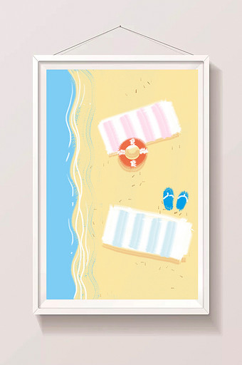 暖色调夏日海边沙滩度假卡通手绘插画背景图片