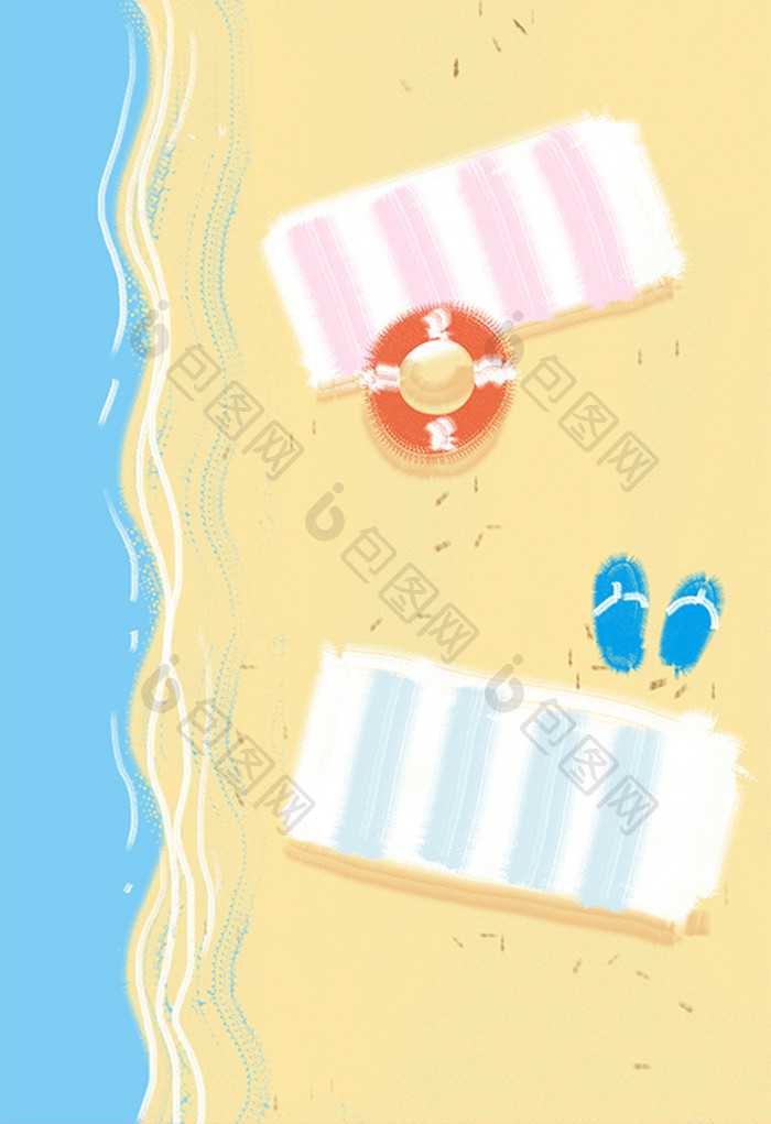 暖色调夏日海边沙滩度假卡通手绘插画背景