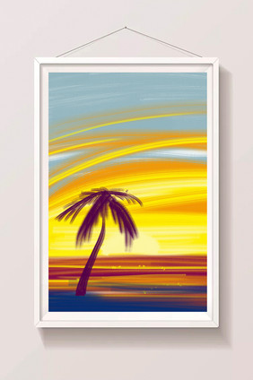 暖色夏日夕阳黄昏椰树手绘背景插画素材