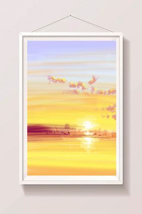 暖色夏日夕阳黄昏海边手绘背景插画素材