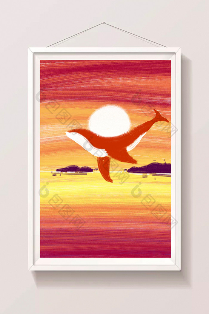暖色夏日夕阳鲸鱼海边夕阳插画图片图片