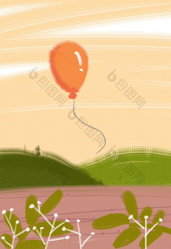 暖色调夏日黄昏卡通气球手绘插画背景素材