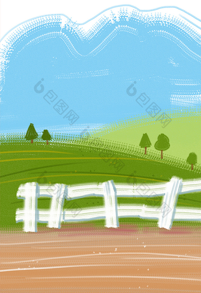 蓝绿色夏日草原栅栏卡通手绘插画背景素材