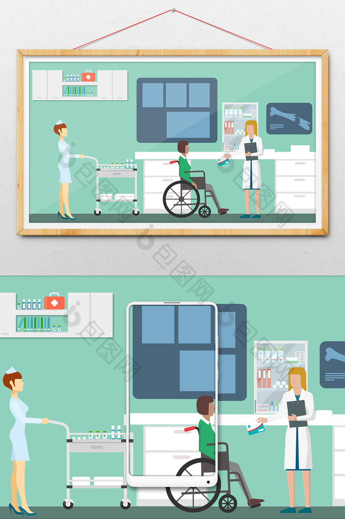轮椅病人医生医嘱护士送药插画