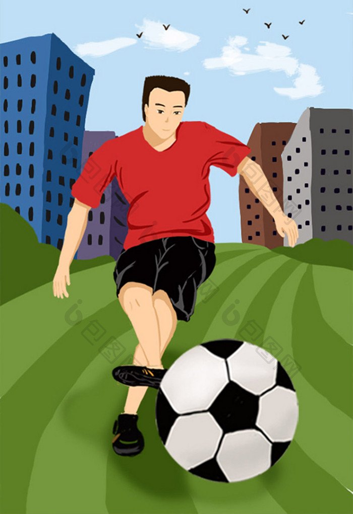 原创城市足球场男孩插画设计