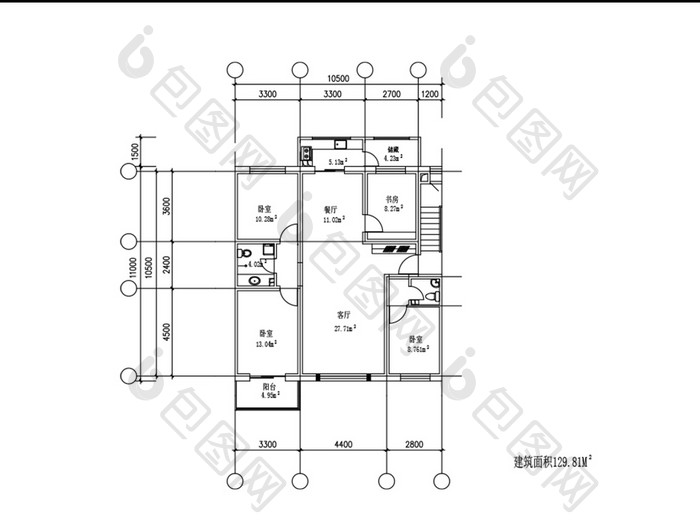 129平米三室两厅CAD户型平面图