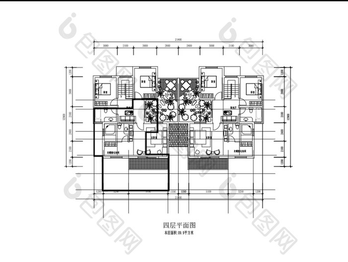 89平米一梯两户CAD户型平面图