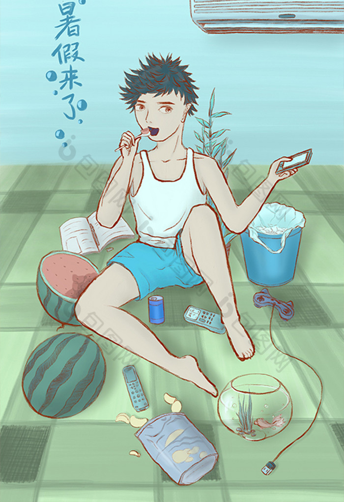 暑假生活宅在家插画图片
