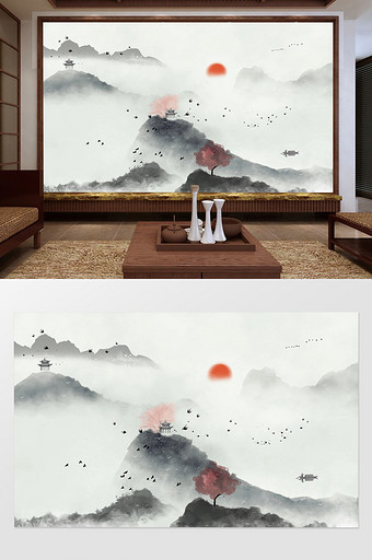 新中式手绘唯美水墨山水电视背景墙定制图片