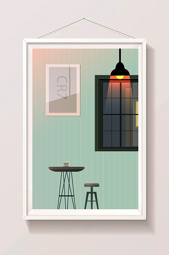 绿色扁平风格温馨房间插画背景素材图片
