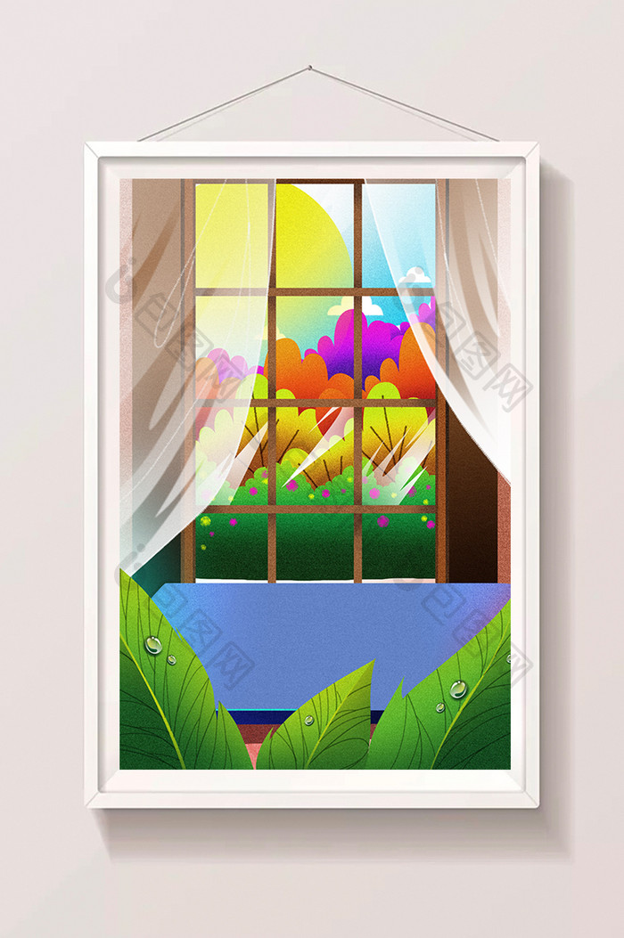 卡通手绘室内植物窗户窗帘