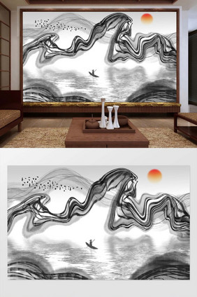 新中式写意抽象山水画背景墙