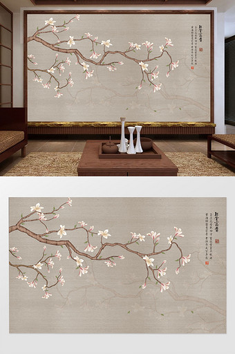 新中式玉兰手绘新中式背景墙图片