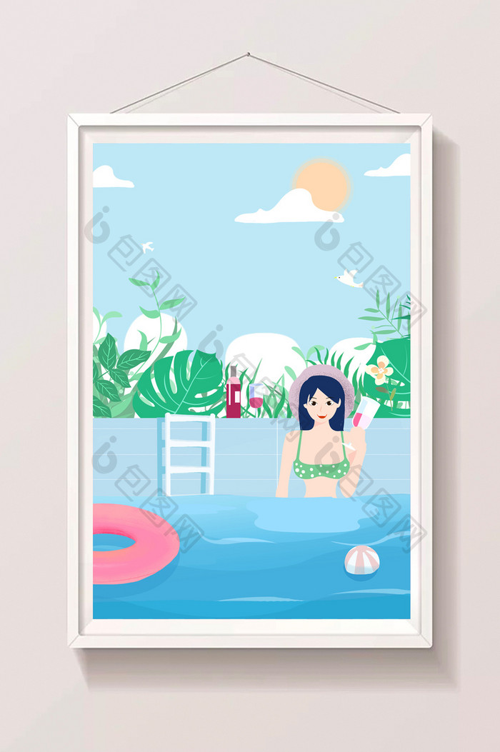 粉色蓝色绿色唯美浪漫风泳池夏天美女插画