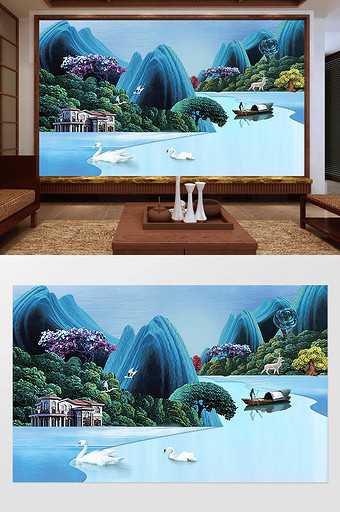 中式禅意手绘山水电视背景墙图片
