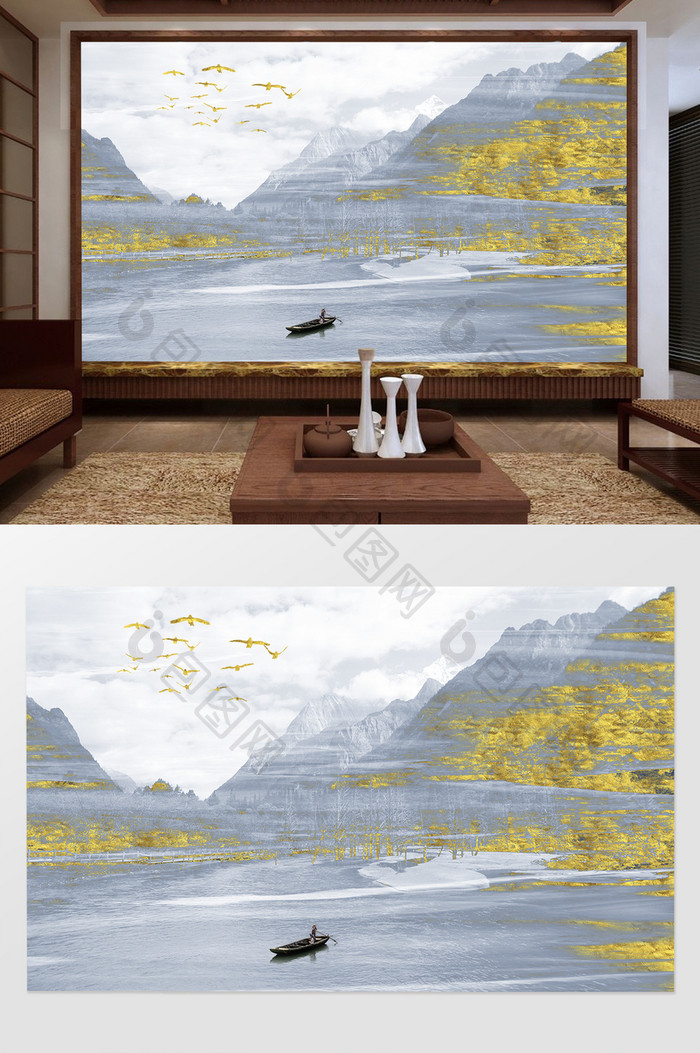 新中式背景墙抽象艺术背景墙山海情