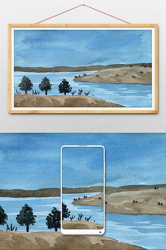 蓝色河流清新海边夏日背景背景风景水彩手绘图片