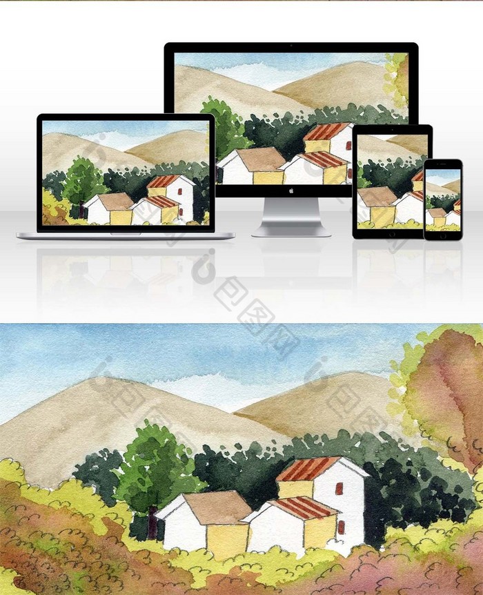 灰色夏日素材手绘房子背景风景清新水彩