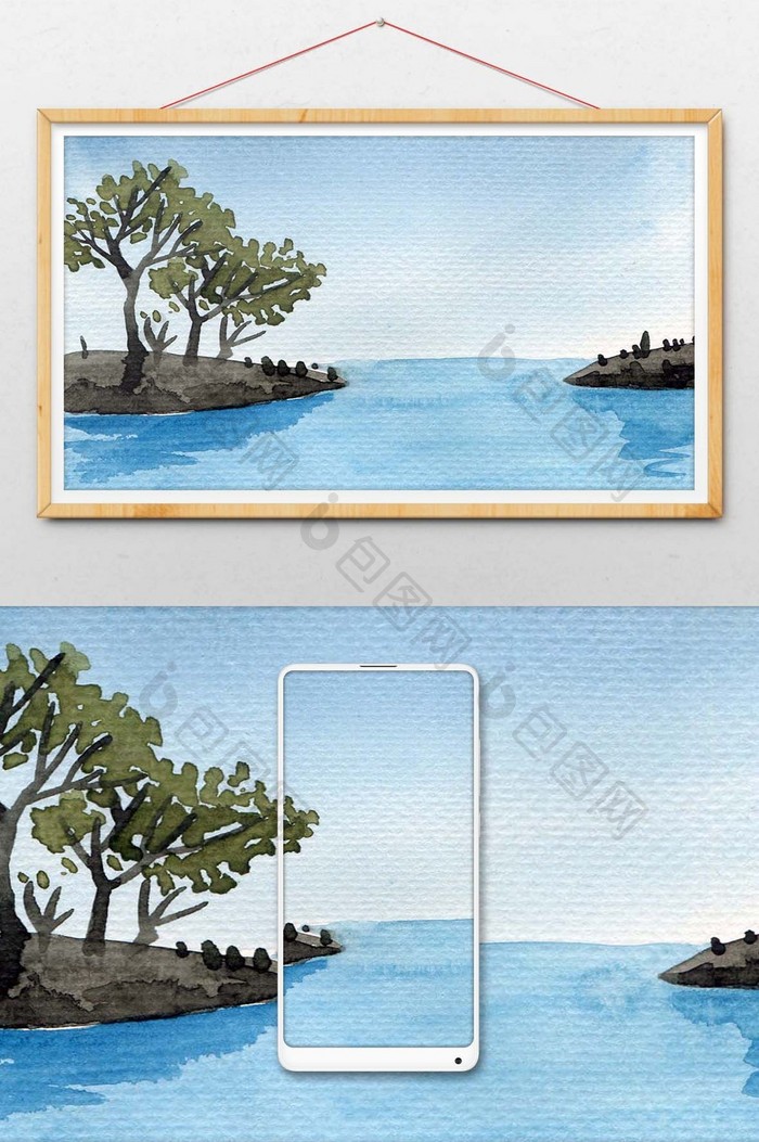 蓝色小岛清新海边夏日背景背景风景水彩手绘