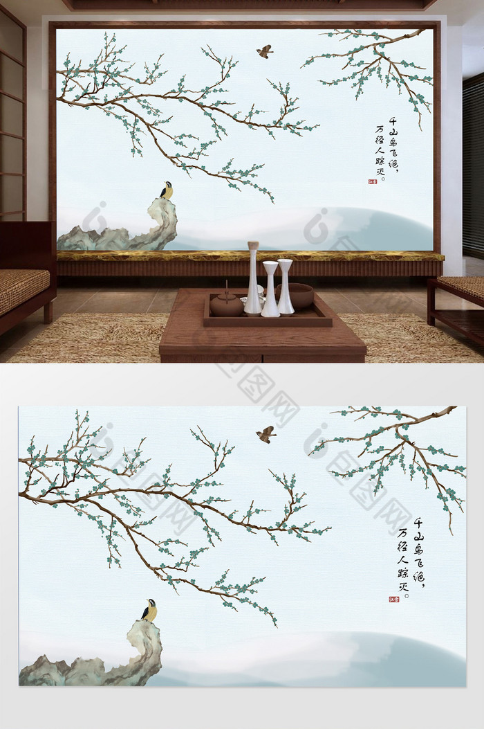 新中式江雪花鸟电视机背景墙图片图片