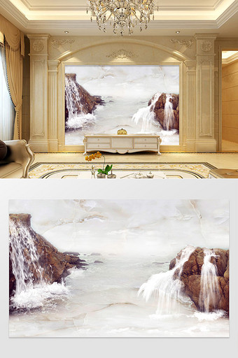 3D高清山水大理石岩石流水电视背景墙图片