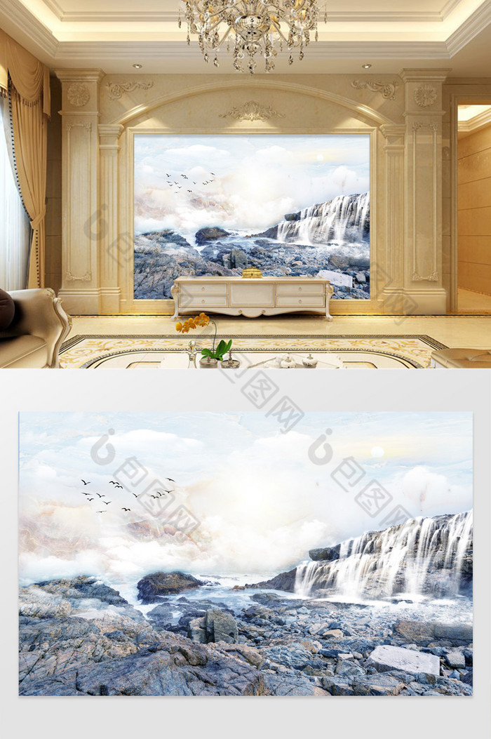 3D高清大理石岩石流水电视背景墙飞鸟图片图片